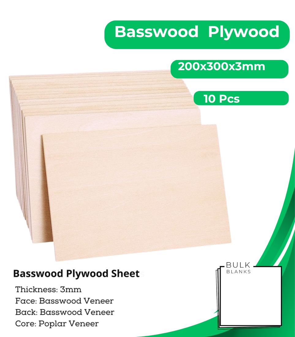 Bulk Blanks- Basswood Plywood 3mm Sheets 200x300 for Laser Engraving and Cutting 10 Pcs