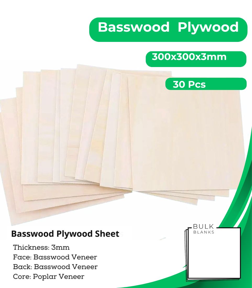 Bulk Blanks- Basswood Plywood 3mm Sheets 300x300 for Laser Engraving and Cutting 30 Pcs